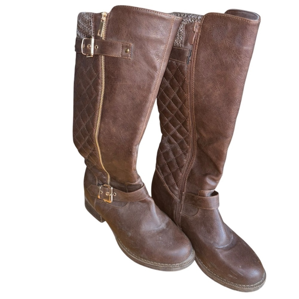 Knee High Brown Quilted Knit Riding Boots Women’s 7.5 Gold Buckle Zipper Accent - Picture 8 of 16